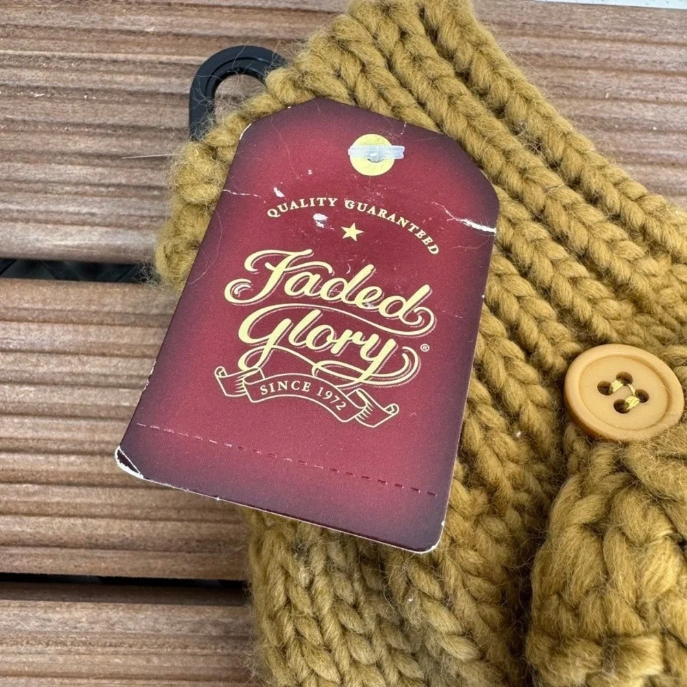Mitten Fingerless Gloves Mustard Yellow Cable Knit Convertible NEW
